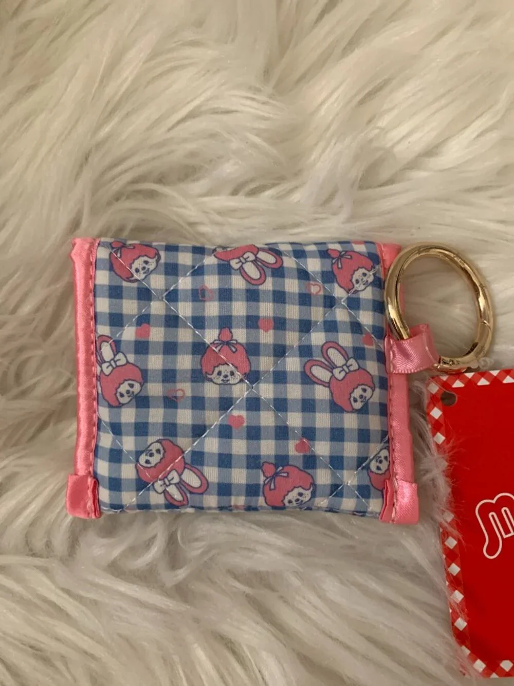 SONIX X Monchhichi Gingham Quilted Earbud Case Coin Keychain in Pink/Blue